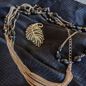 Gold Long Necklace & Gold Pin